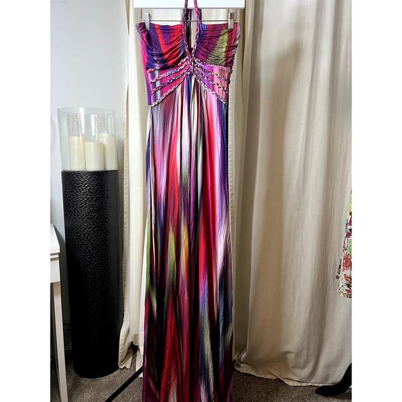 Sky Multi Color Halter Tie Long Maxi Dress Medium - Picture 1 of 5